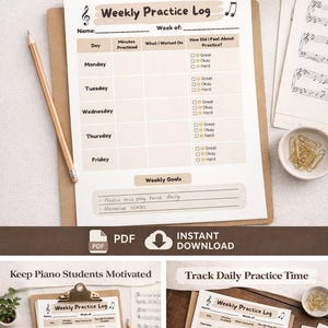 Registro de práctica musical para niños / Rastreador imprimible / Tabla semanal / Hoja de práctica de piano / Planificador de lecciones para profesores de música / Descarga instantánea