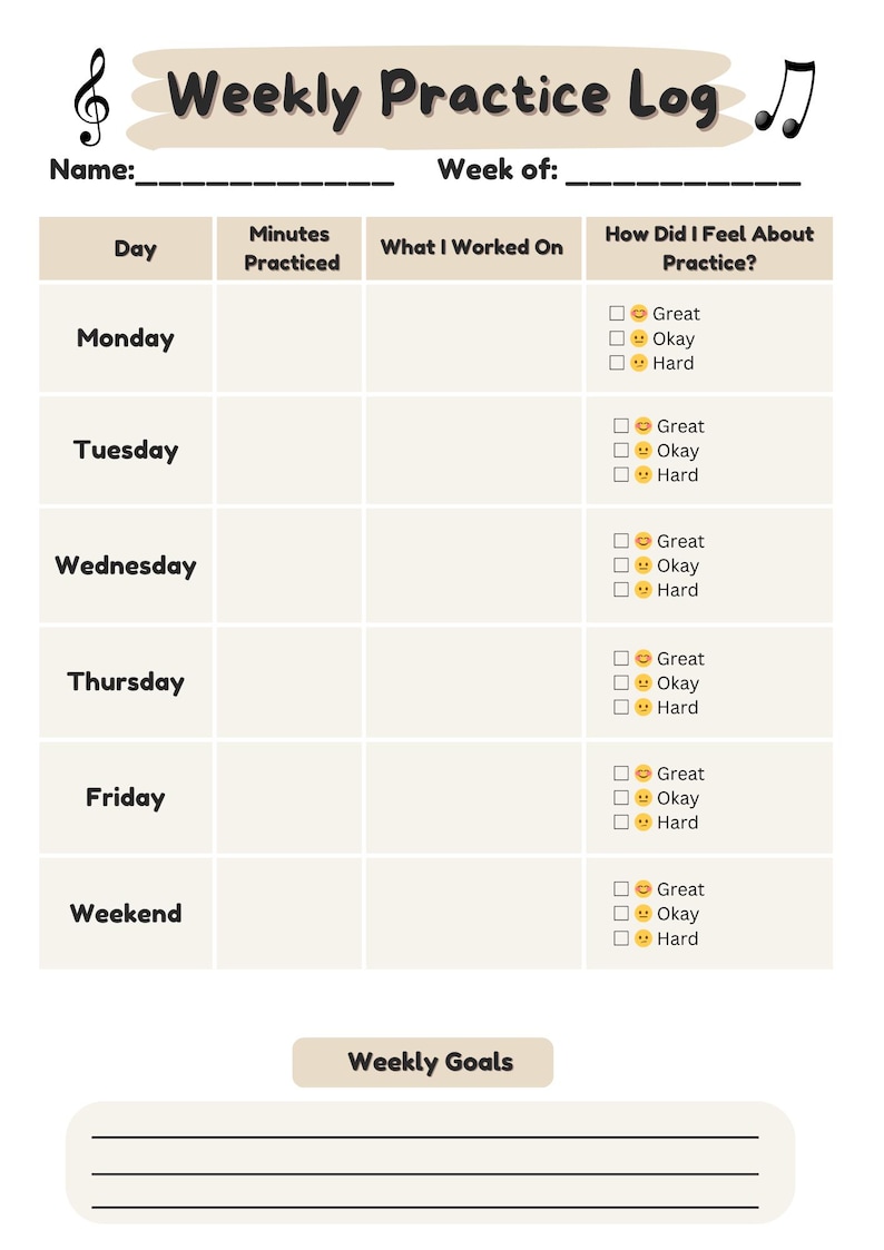 Kids Music Practice Log | Printable Tracker | Weekly Chart | Piano ...