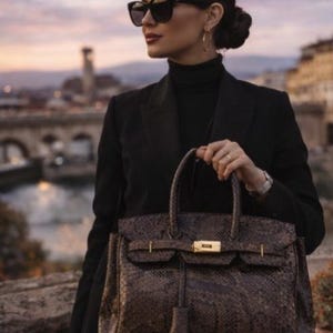 May include: A brown snakeskin-patterned handbag with gold hardware. The bag has a structured shape with a top handle and a flap closure. The woman in the image is wearing a black blazer, turtleneck, and sunglasses. The background features a cityscape.