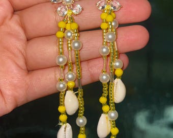 Boho Yellow Beaded Earrings: Handmade Thread Dangle Earrings | Drop earrings