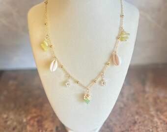 KHWAISH  - Lime Green Charm Necklace - Golden Chain, Cowrie Shell - Handmade