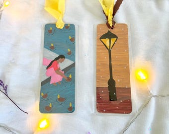 Handmade Bookmarks: Diya in Water & Snowy Lamp Art - Gift for Readers