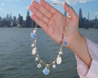 BAARISH - Boho Cowrie Shell Charm Necklace: Powder Blue Tassel Jewelry