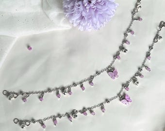KHOOBSURAT - Lavender Bead Anklets: Silver Chain Butterfly Charm Jhanjra