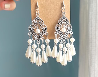 Silver Dangle Earrings: Faux Pearl Statement Bridal Jewelry , Ethnic jewelry, Jhumka style, Eid Jewelry