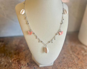 MASTANI - Boho Silver Chain Necklace: Peach Butterfly & Cowrie Shell Charms