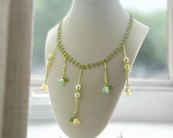 TINKER BELL - Handmade Beaded Fairycore Necklace: Green & Yellow Floral Jewelry | Whimsical