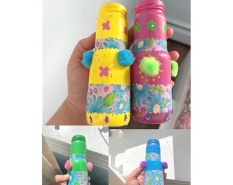 Hand-Painted Glass Bottle Vases decorated with Pom Pom | Boho center pieces