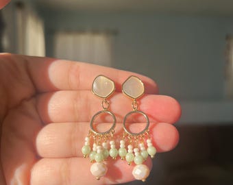 NORA - Sage Green Beaded Drop Earrings | Handmade Boho Dangle Earrings | Gold Pearl Earrings