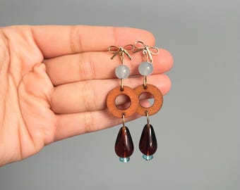 Handmade Wood Circle Teardrop Earrings, Gold Bow Accents, Rustic Boho Jewelry