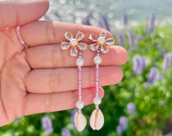 Purple Thread Drop Earrings with Cowrie Shell & Pearls – Handmade Boho Jewelry, Long Dangle Studs