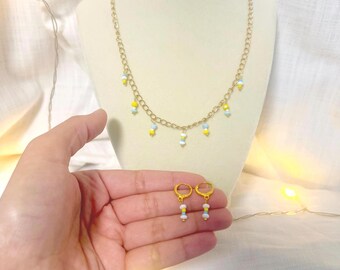 Minimalist Beaded Charm Jewelry Set - Necklace & Hoop Earrings | Pastel Jewelry | Dainty Summer Accessories