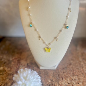 MEERA - Yellow Butterfly Charm Necklace: Sky Blue Rhinestone, Dainty 18-Inch Chain