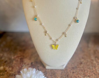 MEERA - Yellow Butterfly Charm Necklace: Sky Blue Rhinestone, Dainty 18-Inch Chain