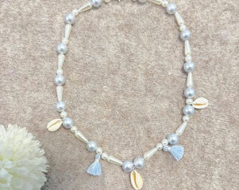 Powder Blue Beaded Necklace | Cowrie Shell Necklace | Coastal Boho Jewelry | Dainty Summer Necklace | Gift for Her