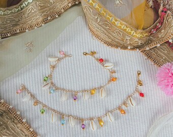 PREM - Handmade Cowrie Shell Anklets with Colorful Boho Bead Charms (Pair) | Multicolor jhanjran