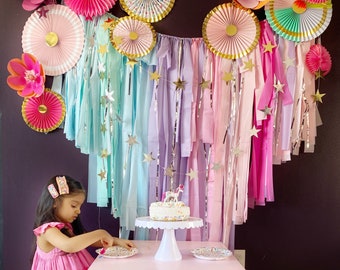 Birthday backdrop fringes/plastic streamers