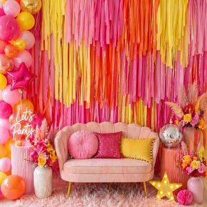 Tropical Fringe Backdrop: Pink, Orange, and Gold Party Decor