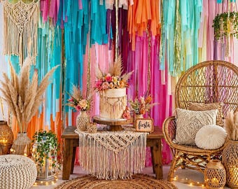 Colorful bohemian Fringe Backdrop: boho Party Decor, 8x8
