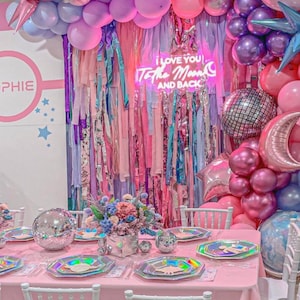 Out of this space/love you to the moon and back/ girly space party/ outer space theme/ space theme/backdrop for birthday