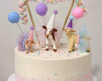 Farm Animal Cake Topper: Cow & Sheep with Tutu, Balloons