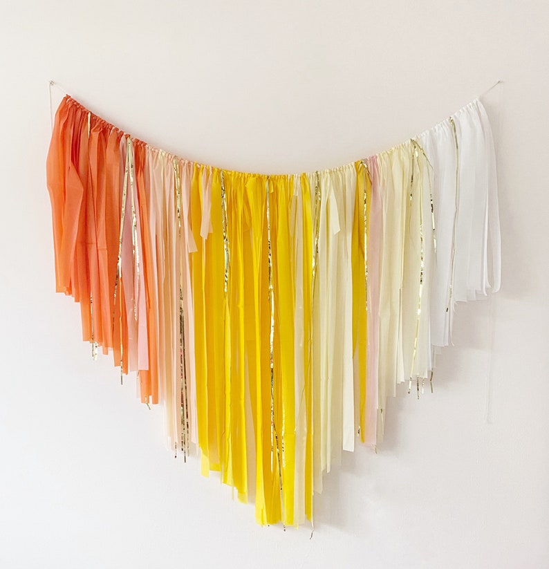 Ray of sunshine backdrop fringes/boho sunshine plastic streamers/lemonade /daisy /girls birthday/tablecloth fringes/yellow omber image 2