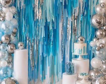 Winter Wonderland Fringed Backdrop: Blue, White, and Silver, 6x6 ft