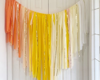 Ray of sunshine backdrop fringes/boho sunshine plastic streamers/lemonade /daisy /girls birthday/tablecloth fringes/yellow omber