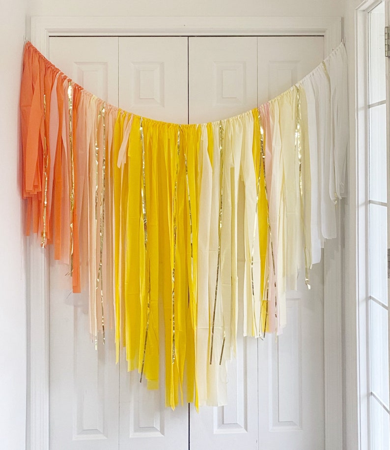 Ray of sunshine backdrop fringes/boho sunshine plastic streamers/lemonade /daisy /girls birthday/tablecloth fringes/yellow omber image 1