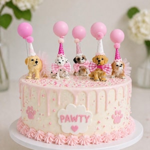 May include: A round, frosted cake with pink icing drips, decorated with dog figurines wearing party hats and bows. The cake is adorned with pink paw prints and the word "PAWTY" on a cloud-shaped fondant. Pink balloons top each figurine.