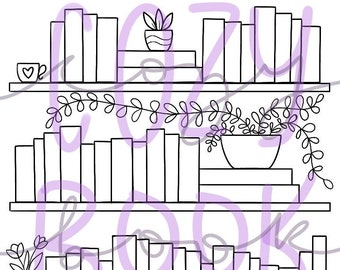 May include: A black and white line drawing of a bookshelf with three shelves. Each shelf is filled with books and decorated with potted plants. The top shelf has a small cup with a heart on it. The second shelf has a hanging vine. The bottom shelf has a cactus and a potted fern.