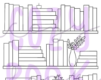May include: A black and white line drawing of a bookshelf with four shelves. Each shelf is filled with books, and there are decorative items on the shelves, including a candle, a vase with a plant, a small potted plant, and a cup with a heart.