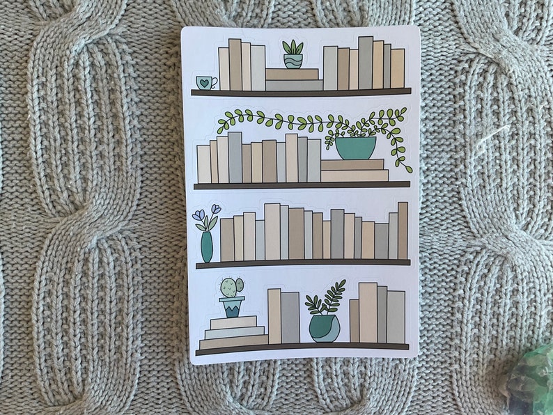 May include: Four sets of printable stickers featuring illustrations of bookshelves with books, plants, and other decorative elements. The stickers are designed for use in planners, journals, and other paper crafts.