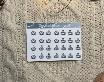 Könnte beinhalten: Ein Bogen mit Aufklebern mit Schürzenmotiven. Die Aufkleber sind in Reihen und Spalten auf weißem Hintergrund angeordnet. Der Text "CozyBookSleeve - Apron" ist oben auf dem Bogen aufgedruckt. Die Aufkleber sind grau und weiß.