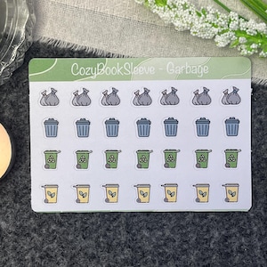 May include: A sheet of stickers with various garbage and recycling themed illustrations. The stickers feature trash bags, blue and green trash cans, and yellow recycling bins with green leaves.