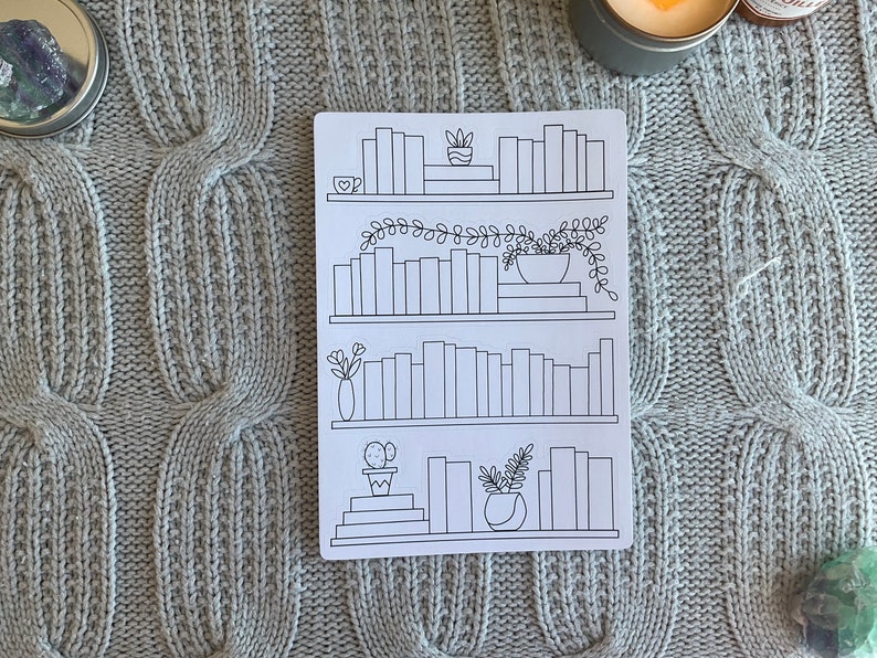 May include: A printable sheet with a black and white illustration of a bookshelf with four shelves. Each shelf has books and plants.