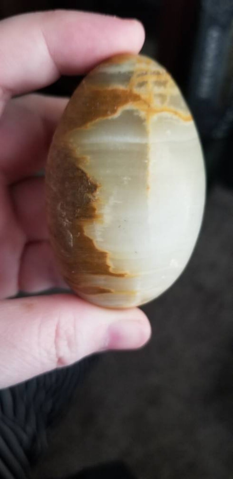 Green onyx egg smooth polished with stand.
