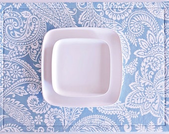 Blue and White Paisley Placemats, Set of 2, Reversible, Washable, Premium Quality, Table Linens