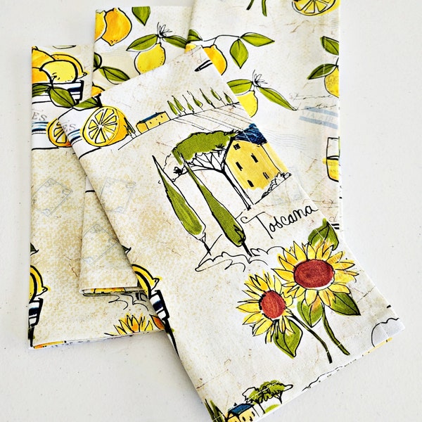 Lemon, Wine and Sunflower Napkins, Set of 4, Italian Countryside, Dinner Napkins, Napkin Set, Premium Quality,