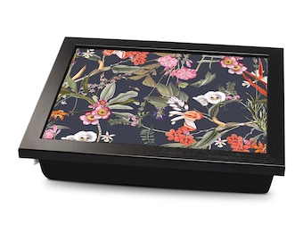 Dark Floral Cushioned Lap Tray | Made In The UK | Wooden Frame | Personalised Gift