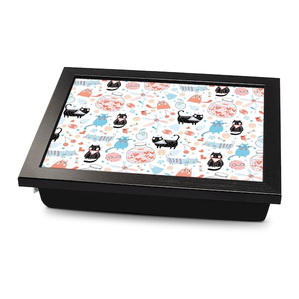 Cute Cat Pattern Cushioned Lap Tray | Made In The UK | Wooden Frame | Personalised Gift