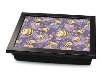 Buzzy Bees On Flowers Cushioned Lap Tray | Made In The UK | Wooden Frame | Personalised Gift
