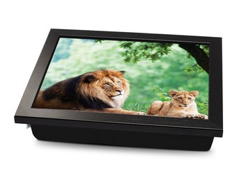 African Lion & Cub Cushioned Lap Tray | Made In The UK | Wooden Frame | Personalised Gift