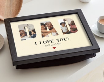 Personalised Father's Day Gift, Wooden Photo Lap Tray With Cushion "I Love You" For Dad Daddy Grandad, From Kids