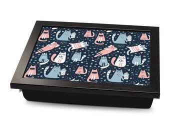 Sleepy Cat Pattern Cushioned Lap Tray | Made In The UK | Wooden Frame | Personalised Gift