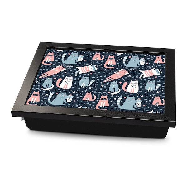Sleepy Cat Pattern Cushioned Lap Tray | Made In The UK | Wooden Frame | Personalised Gift