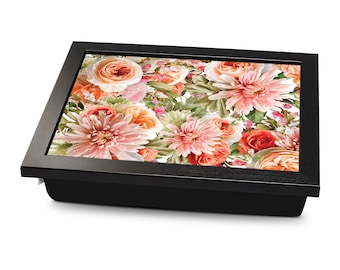 Pink, Coral & Peach Flowers Cushioned Lap Tray | Made In The UK | Wooden Frame | Personalised Gift