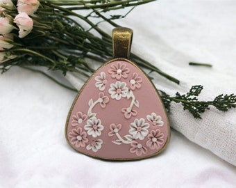 polymer clay pendant, Necklace, filigree flowers, lightweight, handmade, sculpted gift