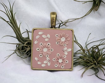 polymer clay pendant, Necklace, filigree flowers, lightweight, handmade, sculpted gift