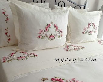 Rose bestickt Baumwoll-Satin Bettwäsche Set | Handmade Schlafzimmer Dekor